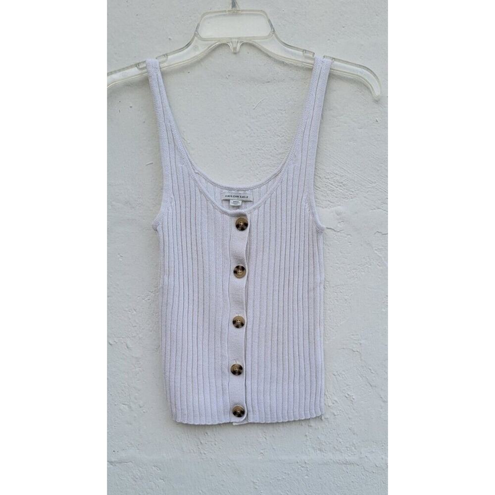 American Eagle Ribbed Knit Tank Button Front Cream Ivory Medium Neutral‎